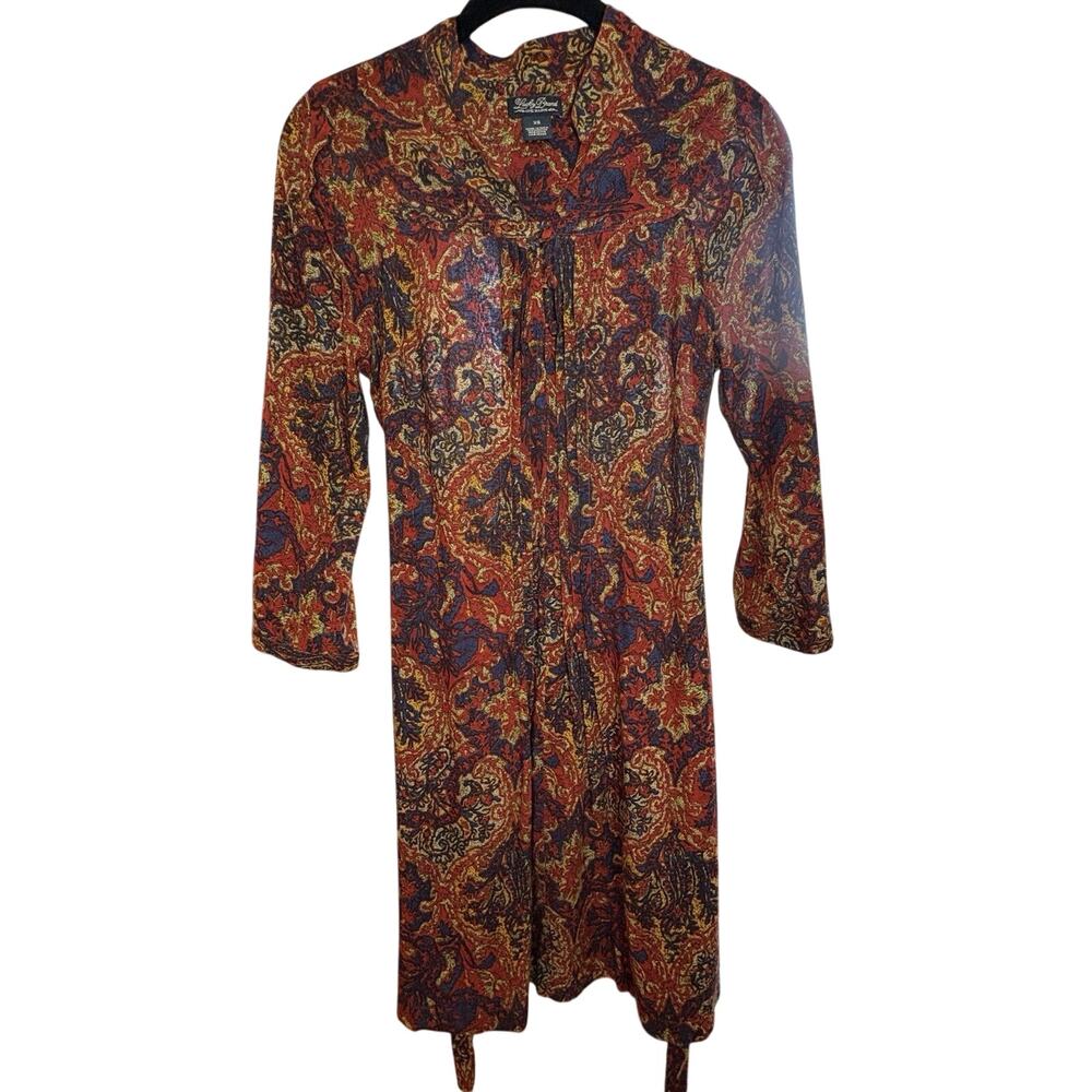 Lucky Brand Live In Love Brown Sz XS Long Sleeve Knee Length Dress Tie Workwear